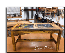 Glass Mosaic persimmon coffee table in the Arkwood Studio completed, by Sam Davis